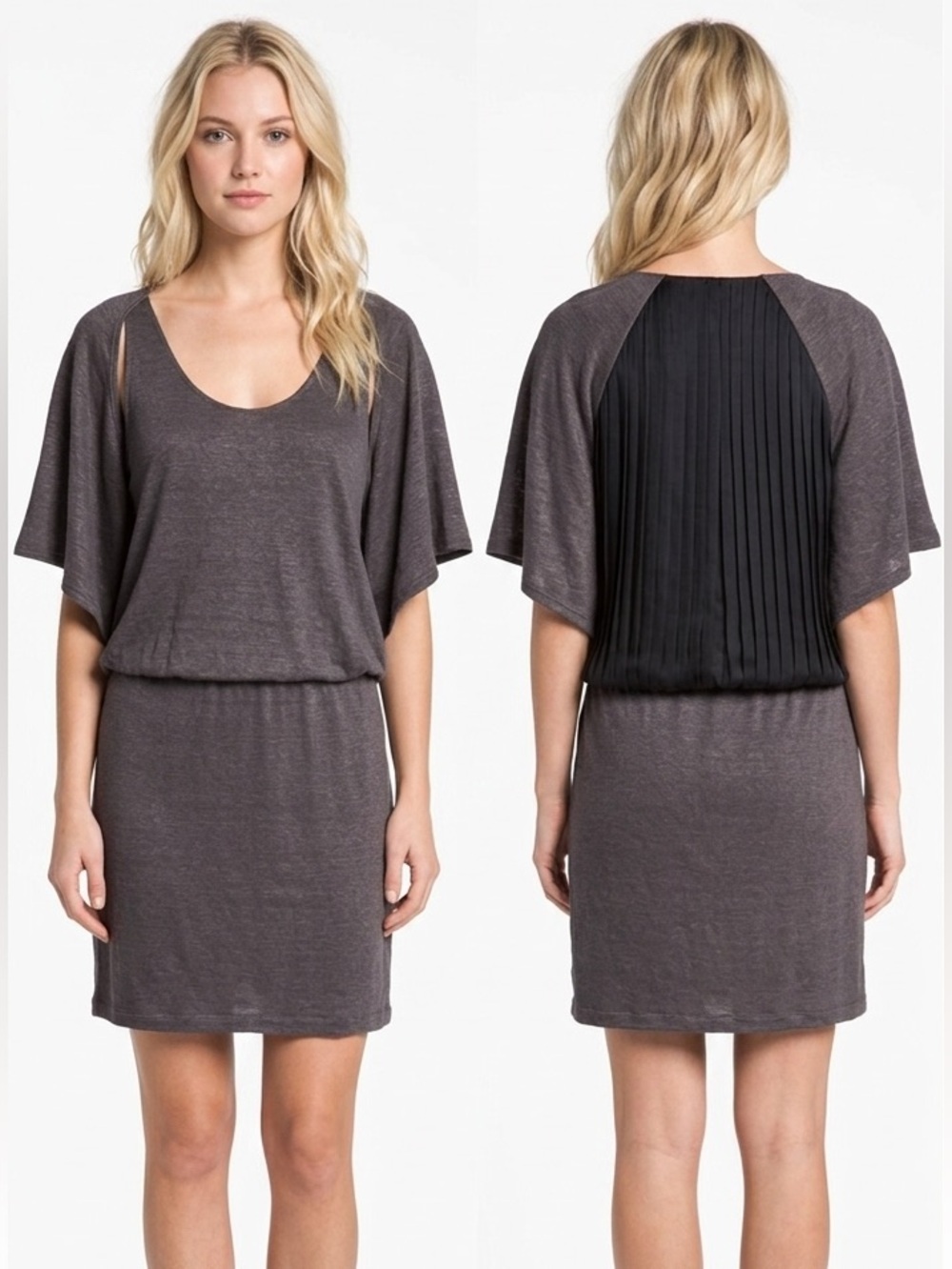 Robert Rodriguez Mini Dress 2 Linen Silk Pleated Back Draped Sleeve Gray Black